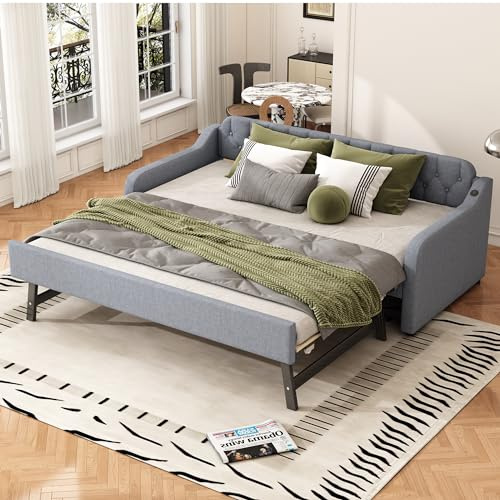Moimhear 90x200cm Schlafsofa, Tagesbett, mit ausziehbares Rollbett, USB-Anschluss (Grau)