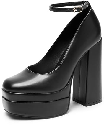 DREAM PAIRS Women's Mary Jane Platform Heel Pumps,Size 7.5,Black-Pu