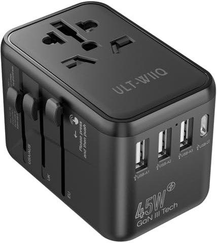 GaN Reiseadapter Weltweit USB C PD 3.0 QC, Schnelles Aufladen Reisestecker, 3 USB A und 2 C, Universal für DE AT ZA IT ES TR FR UK USA JP CN Thailand India World Travel Adapter (45W)