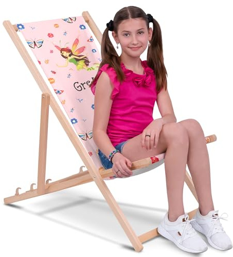 DreamRoots Kinderliegestuhl personalisiert Gr. M, Fairy | faltbarer Kinderliegestuhl, Outdoor, für Garten, Camping & Strand, bis 30 kg, waschbarer Bezug, 100% Polyester