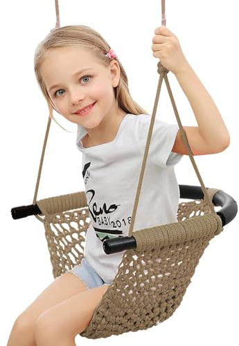 nets Tribe Hand-Knitting Toddler Swing, Swing for Kids with Adjustable Ropes, Heavy Duty Rope Play Secure Children Swing Set, for Indoor, Outdoor, Playground, Tree, 440 lbs Capacity (Light Brown)