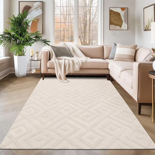 SHACOS Alfombra Salón Pelo Corto Moderna 120x160cm, Alfombra Habitación Suave Antideslizante, Alfombra Decorativa Estilo Escandinavo para Salón, Habitación, Dormitorio y Comedor, Beige