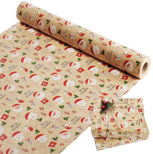 Christmas Wrapping Paper Roll,44cm x 15M Kraft Recyclable Package Paper Printed with Santa Claus Gift Box Snowflakes For Birthday Xmas Party Present Decorations