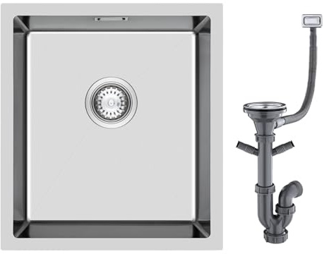 KINKIBOS Spülbecken 304 Edelstahl 40 x 50, Küchenspüle mit Überlauf &Siphon | Edelstahlspüle mit Ablaufgarnitur Komplett Einbau, Unterbau, flächenbündig, 1 Becken für 45 cm Unterschrank