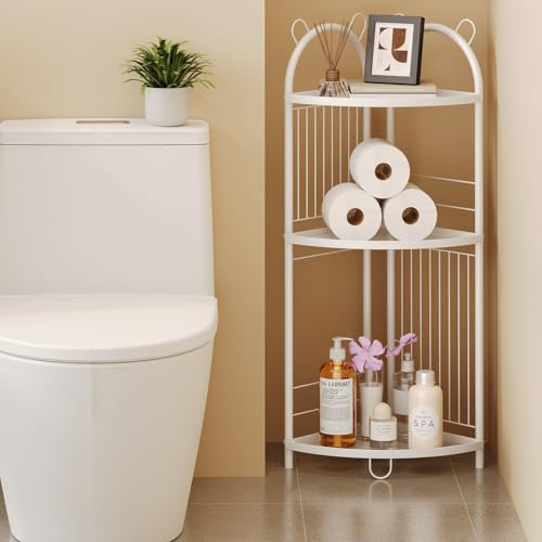 CICUFY Kleines Eckregal aus Metall, Badezimmer-Eckregal, 3 Etagen, Badezimmerständer, Toilettenpapieraufbewahrung, stehend, Dusch-Caddy Organizer, WC-Regal (weiß)
