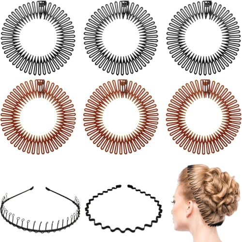 6 Pcs Diadema elástica con 2 bandas de metal, zigzag redonda antiroturas, flexible, deportiva para mujeres y niñas