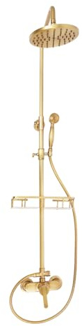 Duschsystem, Retro Messing Duscharmatur Set, Vintage Gold Duschset inkl. Regendusche (20cm) & Handbrause & Regal, Höhenverstellbar 70~120cm