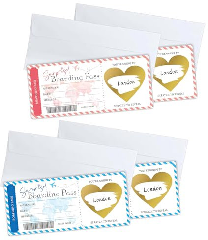 NECXON 4 Stück personalisierte Rubbellose für Reisen, Rubbellose für goldene Reisetickets mit Umschlägen, Überraschungs-Bordkarte, Rubbelkarte, Reisegeschenke, Urlaubs-Rubbelkarte