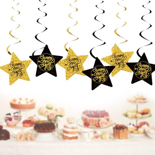 Stern Spirale Silvester Deko 2026 Neujahr Deko Set,6 Stk Sternen Neues Jahr Hängende Wirbel Schwarz Gold, Happy New Year Deko, Neujahrsdeko Spiralen Luftschlangen für 2026 Silvester Party Deko Zubehör