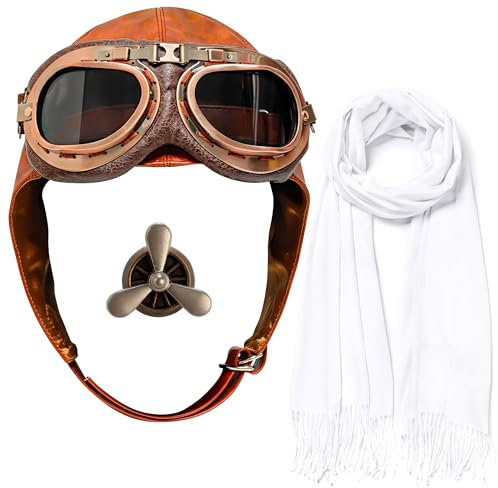 Horolam 4 Stück Flugzeugkappe Und Brille Im Set, Flieger Verkleidung Accessoires Mit Schutzbrille Weißer Schal Und Brosche Für Herren Damen Für Karneval Pilot Cosplay Kostümparty (Braun)