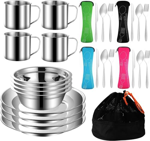 Outdoor Camping Besteck Set Edelstahl Geschirr Mess Kit | beinhaltet Platte Schüssel Cup Löffel Gabel Messer in Mesh Taschen für Camping Backpacking 4 Person