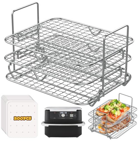 FTUREERA 3 Etagen Heißluftfritteuse Grillrost Kompatibel mit Ninja Foodi AF500EU, Airfryer Grillrost Multifunktional für Ninja Flex Drawer AF500EU 10.4L mit 200 Stück Backpapier