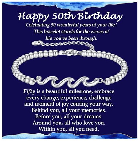 50th Birthday Gifts for Women, Silver Wave Bracelet Gifts for 50 Year Old Women Happy 50th Birthday Gift for Her Woman Mum Wife Daughter Sister Bestie Friend with A Sentimental Gift 50th Birthday Card