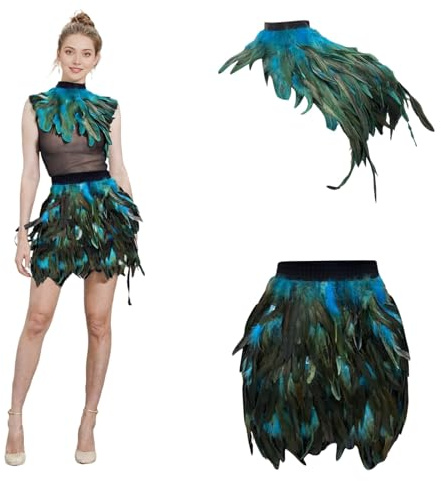 Pfau Kostüm Damen Pfauen Azurblau Federrock mit Feder Cape Faschingskostüme Damen Papagei Kostüm Party Zubehör Karneval Pfau Rock für Halloween Karneval Mottoparty Cosplay
