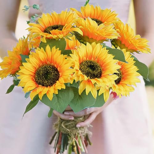 Artificial flowers Sonnenblumen Blumen künstliche falsche Wildblumen Schüttung - 2 Blumensträuße Seiden Sonnenblumen Wirkliche Berührung Faux Blumen für Home Wedding Frühlingsdekor, Braut Blumen hält