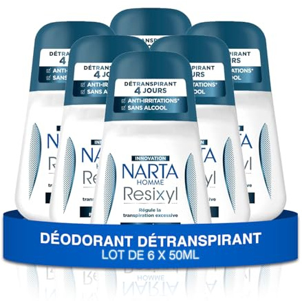 Narta - Déodorant Détranspirant Homme Bille - Resixyl Détranspirant 4 jours Sans Alcool - lot de 6 x 50ml