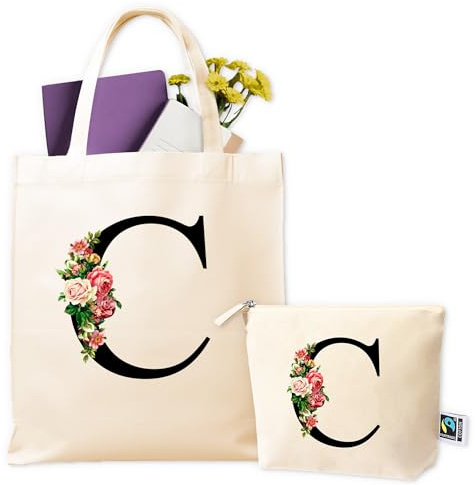 Tote Bag Personnalisable - Cadeau Personnalisé - Tote Bag Femme avec Initiale + Bag en Toile Trousse de Maquillage - Sac Cabas Toile - Lettre C