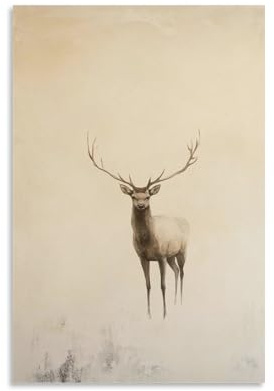 HKXXMTQQ Decorazione da parete decorativa da appendere con cervo solitario in piedi sotto la nebbia del mattino presto, corna che si estendono verso un cielo pallido di farina d'avena. Decorazione