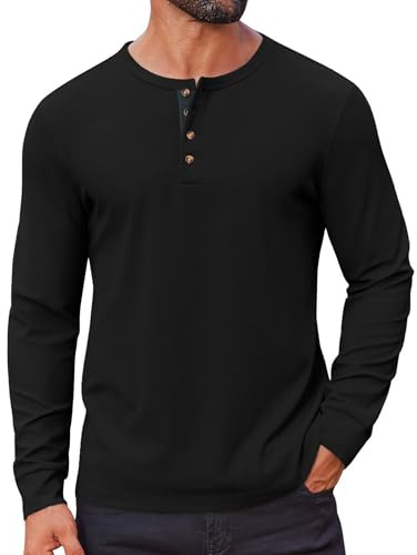 COOFANDY Men's Long Sleeve Tee Shirts Casual Waffle Henley Shirts Lightweight Button T-Shirts, Black
