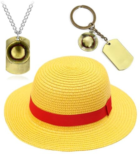 Pirate Straw Hat & Necklace Keychain Set, Summer Beach Sun Protection Hat, Adult Pirate Cap, Cartoon Travel Holiday Cap Cosplay Costume, Bronze Key Ring, Anime Cosplay Fans Gift (Yellow 35cm)
