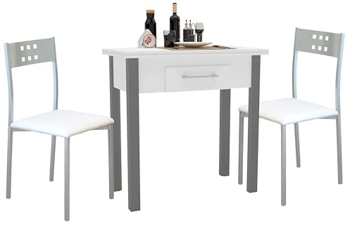 Conjunto de Mesa Extensible con 2 Sillas Cocina, Muebles de Cocina Blanco y Gris