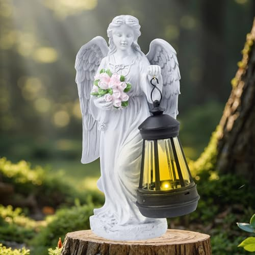 Statues d'ange solaire - Figurine d'ange gardien à LED - Avec lanterne solaire LED - Décoration funéraire - Résistante aux intempéries - Cimetière - Décoration de jardin - Figurines pour décoration
