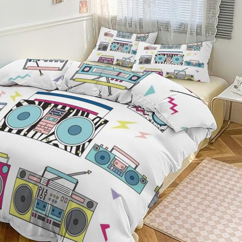 HYDJLXA Set of Various Vintage Cassette Players. Retro 3-Piece Patterned Printed Duvet Cover with Zipper for Bedding79 x90