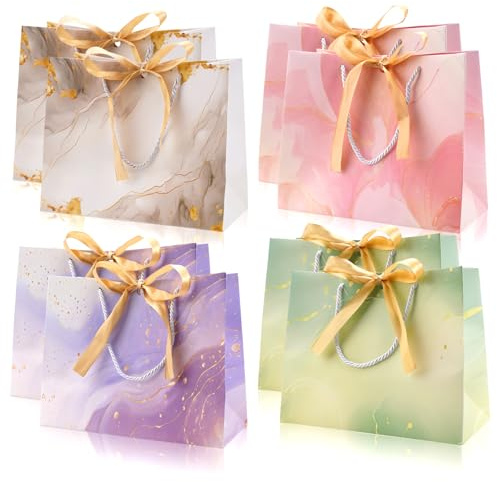 8 stycken presentpåsar med rosett, presentpåsar stora med handtag och silkes presentpåsar gjorda av papper, för fester, evenemang, examensceremoni, bröllop (25 x 20 x 12 cm)