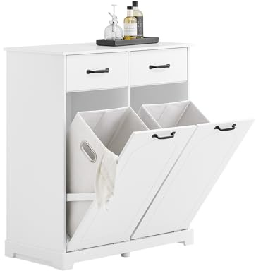 SoBuy Wäscheschrank Badezimmerschrank mit 2 Wäschekörben & Schubladen –Badschrank in Holz mit Wäschekorb, schmaler Badregal für kleine Badezimmer, weiß, 79,5x38x90 cm, BZR208-W
