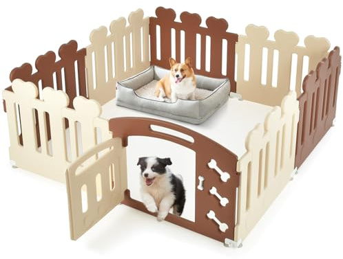 SOARS Recinto per Cani A60 cm, 7 PCS + 1 Pannello con Porta, Recinzione per Cuccioli e Animali Domestici in HDPE, Cancello Box per Cani da Interno ed Esterno, 155 x 155 cm (Marrone + Beige)