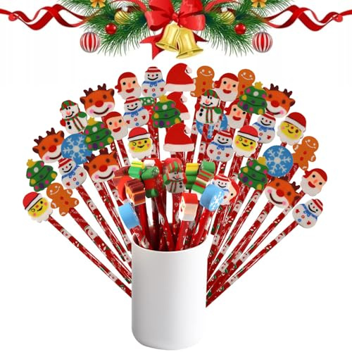 Weihnachten HB Bleistift Set, 40 Stück Weihnachten Kinder Bleistift mit Radiergummi von Lebkuchenmann, Weihnachtsmann, Schneemann etc, Geburtstag Mitgebsel Kinder Party Gastgeschenk（Stil Zufällig）