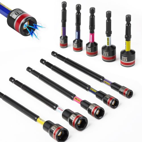 Geinxurn Impact Nut Driver Set, 10 Pieces 65mm 150mm Long Metric 6mm, 8mm, 10mm, 11mm, 13mm, Magnetic 1/4 Hex Shank Nut Setter Drill Driver Bits Cr-v Quick Change Socket Adapter for Impact Screwdriver