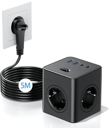 Steckdosenwürfel mit USB, 8 in 1 Steckdosenleiste Flachstecker mit Schaltbar,4 Fach Steckdosenleiste mit 2 USB-A&2 USB-C,Mehrfachsteckdose Power Cube mit Zugring,5M Kabel für Zuhause/Büro, Schwarz