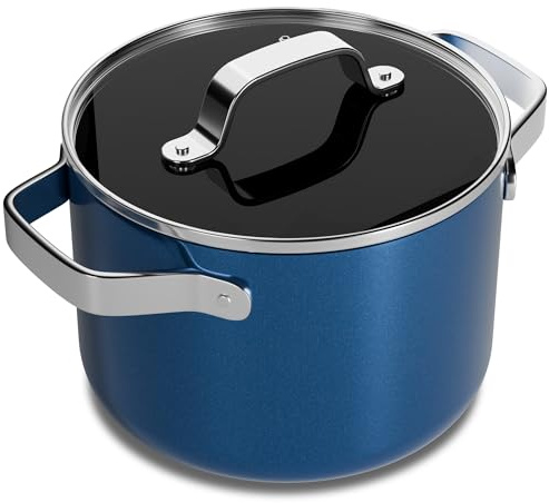Bakken 3 Quart Ceramic Coated Stock Pot with Lid, Easy to Clean Nonstick Pot, Tempered Glass Lid, Riveted Stainless Steel Handles, Oven Safe Up to 500°F, PTFE & PFAS Free, All Stove Compatible, Blue