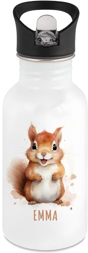 DEL MÀ Unique & Personal Edelstahl Trinkflasche Kinder personalisiert mit Namen Eichhörnchen Flasche mit Strohhalm Wasserflasche für Schule Kindergarten 500 ml
