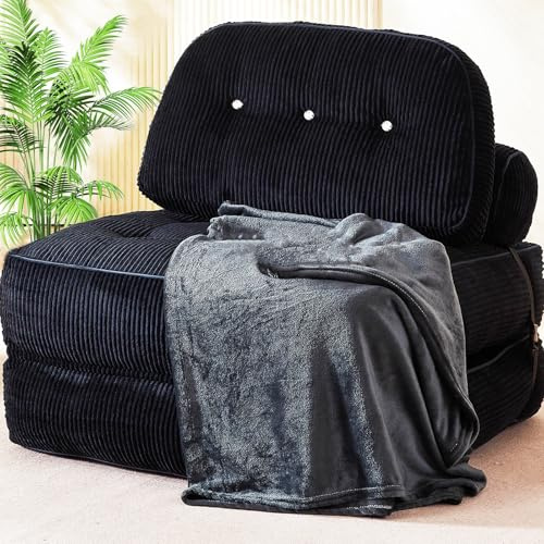 NESLAKO Folding Sofa Bed, Flannel Futon Couch Bed with Pillow and Blanket, Convertible Sleeper Chair for Small Space Apartment Guest Room, Black