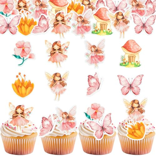 GoldRock Schmetterlinge Fee Tortendeko Essbar,48 Stk Essbare Blumen für Torte, Esspapier Feen Geburtstag Deko Torte,Essbare Tortendeko Elfen Blüten,Babyparty,Hochzeit,Kindergeburtstag Fee Muffins Deko