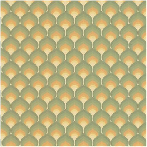 YöL Retro Vinyl Wallpaper Green Orange Geometric Fan Pattern for Living Room Bedroom Hallway Feature Wall Mid Century Modern Non Woven Decorative Wallcovering with Textured Look