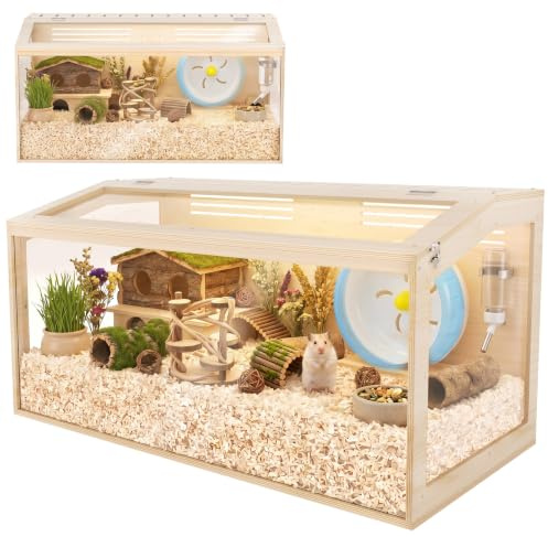 X XBEN Großer Holz-Hamsterkäfig, mit öffnbarem Dach & Mehrfachbelüftung | Geräumiges Acrylglas-Nagarium für Zwerghamster, Nager, Mäuse, Kleintiere, Natürlicher Holzrahmen, 80Lx 40W x 40H CM （0.25m³）