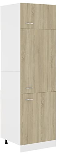Mhdvray Armadietto refrigerante in rovere Sonoma, mobile da cucina alto in legno per frigorifero da incasso, 60 x 57 x 207 cm, con 3 ante e 4 ripiani