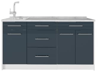 Vicco Köksblock Fame-Line, Mörkblå högblank/Vit, 150 cm AP Marble, för individuell expansion med kompatibla moduler