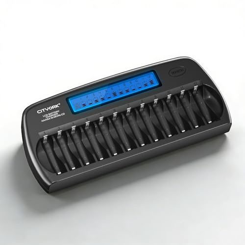 CITYORK 12 Bay AA AAA Battery Charger with Refresh Function, Smart LCD Display Battery Charger for 1.2V Ni-MH/Ni-CD AA AAA Rechargeable Batteries