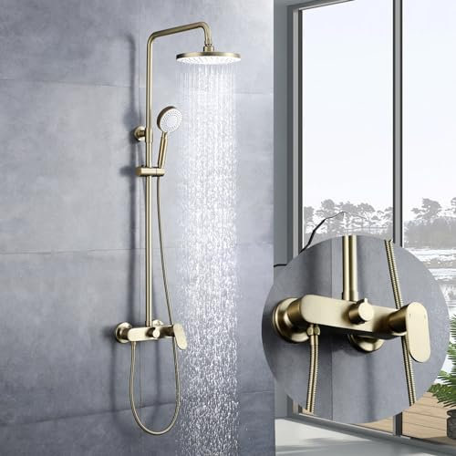 Duschsäule, goldfarben, Duschset mit Mischbatterie, Duschkopf und Handbrause, Duschsäule zur Wandmontage, höhenverstellbar, Duscharmatur