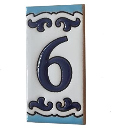 Medelo-02 - Numeri civici in ceramica dipinta a mano, 7,5 x 3,7 cm, motivo: lettere e simboli, piastrelle e cornici in filigrana (numero 6)