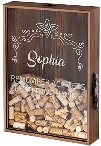 Maverton Personalised Cork Catcher for Woman, Bottle Opener Attached | Beer caps Collector, Wooden Box with a Transparent lid for her, Engraved Birthday Gift Winery
