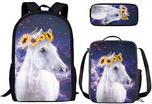 Binienty Kids Fashion Print Rucksack für Mädchen Schule Büchertasche für elementare 3 in 1 Schulranzen Sets mit Lunch Tote Bleistifttasche, Pferde-Druck - 7, Einheitsgröße