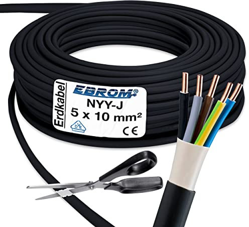 EBROM Erdkabel NYY-J 5x10 mm² - Starkstromkabel - PVC Erdleitung - schwarz - Meterware auf den Meter genau - Auswahl in 1 Meter Schritten, viele Längen - NYY-J 5x10 mm2 - Ihre Länge: 22 Meter