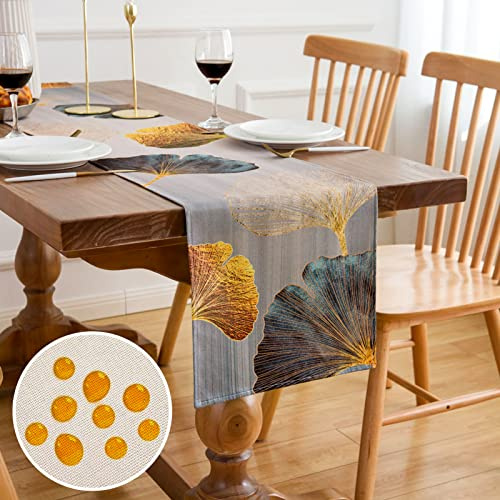 Tavolo da Pranzo Moderno Runner Verde Oro Ginkgo Foglie 33x183cm Impermeabile Decorazione per Tavola Estate Agriturismo Cucina