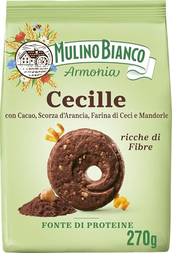 Mulino Bianco Cecille, Biscotti Frollini Senza Latte e Uova con Cacao, Scorza d'Arancia, Farina di Ceci e Mandorle, Ricche di Fibre, Fonte di Proteine, Confezione 270g