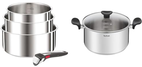 Tefal Ingenio Preference On L898S3 Lot de 4 casseroles avec poignée amovible & Faitout 24 cm (5 L) + couvercle verre, Tous feux dont induction, Acier inoxydable de première qualité, Garantie 10 ans